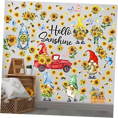 #ad 122 Pieces 6 Sheets Summer Gnome Butterfly Wall Stickers Bird Flower Sunflower $20.46