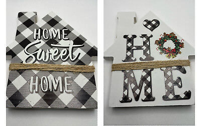 #ad 2 Piece Set Wooden Wall Decor Home Sweet Home House shaped Black White Farmhouse $9.99