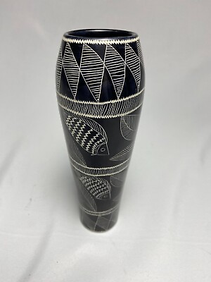 #ad Vintage Handmade Black Ceramic African Vase Heavy Fish Leaf Motif Unsigned $75.00