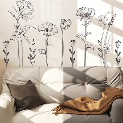 #ad Black and White Flower Wall Decals Simple Floral Boho Wall Stickers Bedroom L... $23.73
