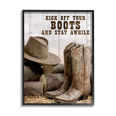 #ad Stupell Industries Kick Off Boots Stay Awhile Phrase Giclee Framed Wall Art ... $51.47