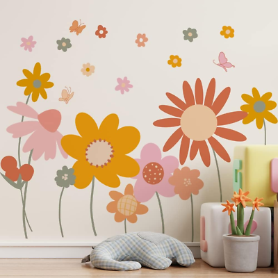 #ad Boho Flower Wall Decals Floral Retro Daisy Wall Art Stickers Garden Window Cling $19.58
