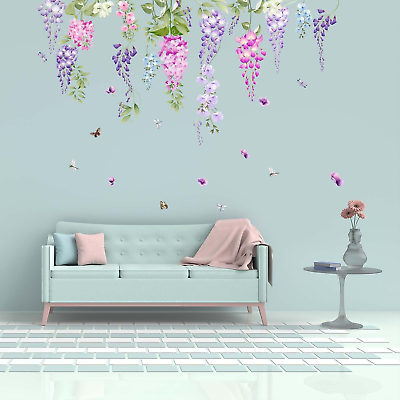 #ad Watercolor Flower Wall Stickers Purple Hanging Vines Floral Wall Decals Bedr $18.60