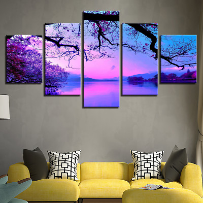 #ad Purple Trees Lake Sunset Nature Landscape Painting 5 Panel Canvas Print Wall Art $161.96