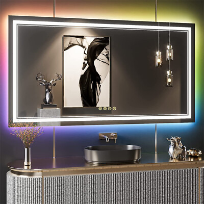 #ad RGB LED Bathroom Mirror with Lights Vanity Wall Mirrors Dimmable Smart Anti Fog $399.95