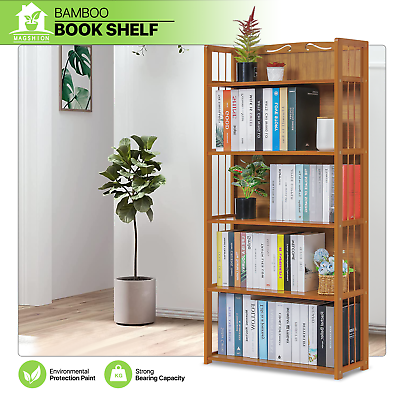 #ad 28quot;Natural Bamboo 5 Tier ENCLOSED BACK Freestanding Bookcase Home Display Case $61.99