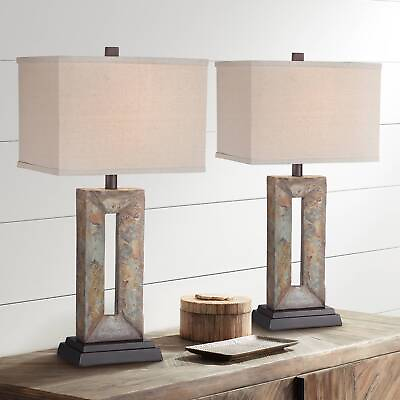 #ad Rustic Table Lamps Set of 2 Natural Stale Rectangular for Living Room Bedroom $219.98