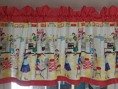 #ad 1950#x27;s RETRO Kitchen Valances quot;Home Ecquot; Women Working In Aprons In Kitchen Red $22.99