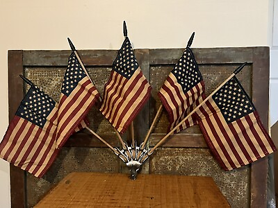 #ad Primitive Americana Wall Mount w 5 Grubby Tea Stained Flags Patriotic USA 36quot; w $39.99