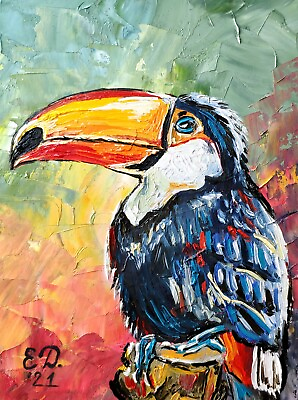 #ad ORIGINAL PAINTING Bird Toucan Tropical Art Small Modern Hand Painted Art 8x6 in $19.00