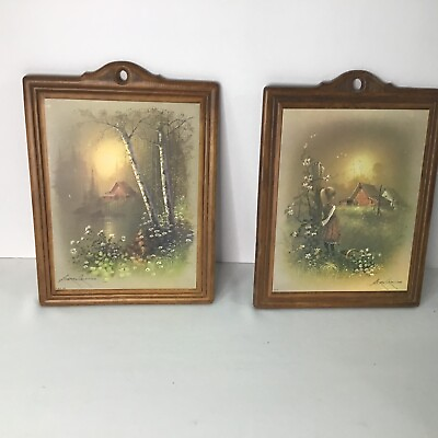 #ad set of 2 vintage wooden wall plaques with country scenes 10 x 7 $30.00