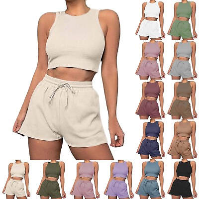 #ad Womens 2 Piece Outfits Lounge Matching Sleeveless Tank Tops Sets Shorts Vacation $19.19