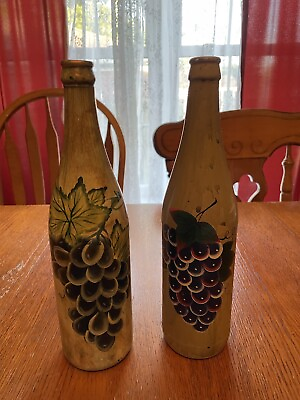 #ad Hand Painted Wine Bottles Lot Of 2 Grapes Leaves Home Decor Kitchen Dining 11” $39.99
