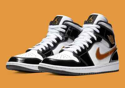 #ad Nike Air Jordan 1 Mid Shoes Patent Black White Gold 852542 007 Men#x27;s Sizes New $128.97