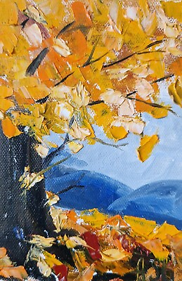 #ad Original oil on canvas painting fall landscape #1 yellow tree small art 6x4quot; $15.00