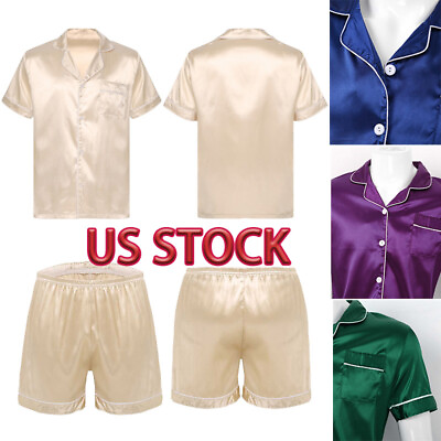 #ad US Mens Silky Satin Home Sleepwear Pajamas Elastic Waistband Shorts Loungewear $7.11
