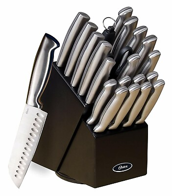 #ad NEW Oster 22 Piece Baldwyn Knife Block Set Stainless Steel Cutlery Kitchen Black $89.99