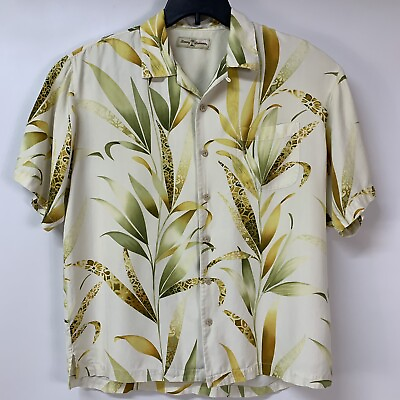 #ad Tommy Bahama Hawaiian 100% Silk Shirt Mens Cream Bamboo Art Leaf Size Medium $15.00