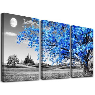 #ad Wall Art for Living Room Black and White Blue Tree Moon Canvas Wall Decor for Ho $39.63