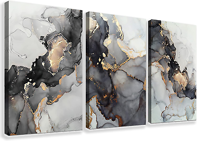 #ad 3 Panel Canvas Wall Art Prints Black and White Grey Abstract Modern Framed Gold $43.99