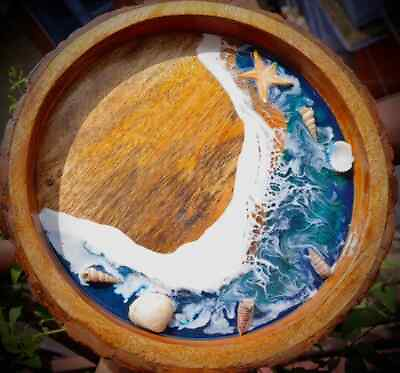 #ad Resin Wooden ocean tray with real seashells sea sand ocean resin art bath tub $64.90