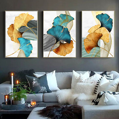#ad Art Painting Anti fade Decoration Blue Green Yellow Golden Plant Leaf Wall Art $7.71