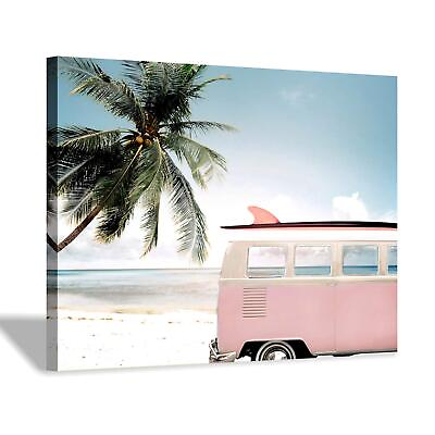 #ad Beach Picture Coastal Wall Art: Pink Car with Surfboard Artwork Seaside Palm ... $35.87