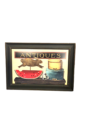 #ad Sign ANTIQUES Folk Art Primitive Framed Bunny Cheese Boxes Wall Picture $11.50