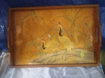 #ad Vintage Oriental Hand Painted Lacquered Wooden Serving Tray 17quot;x12quot; Cranes $22.00