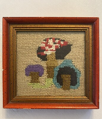 #ad Vintage Mushroom Needlepoint Embroidered Framed Retro Kitchen Wall Art 1970s 5” $19.50