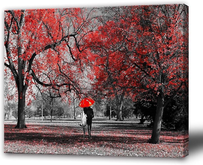 #ad Bathroom Wall Art Gray Red Wall Decor Forest Canvas Painting Tree Prints Art Sce $24.83