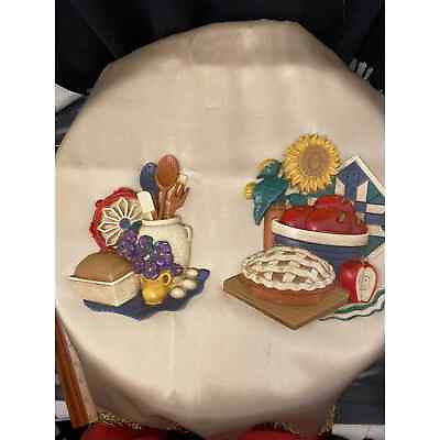 #ad 1997 Kitchen Decor Wall Plaques Bread Pie Sunflower Utensils Violets Apples $13.22