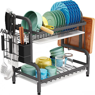 #ad #ad 2 Tier Dish Drainer Rack With Drip Tray Kitchen Drying Rack Bowl Plate Holder UK $16.99