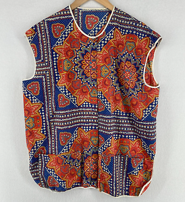 #ad Vintage Apron Womens L Mandala Floral Smock Vest Snap Front Kitchen Blue Orange $19.99