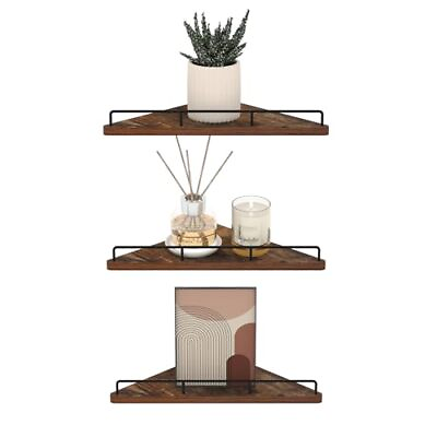 #ad Floating Corner Shelf Wall Mounted Set of 3 Rustic Wood Wall Storage Shelves $40.49