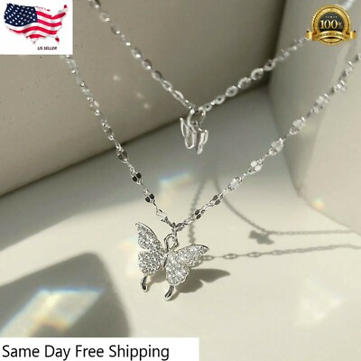 925 Silver Plated Double Butterfly Zircon Necklace Clavicle Jewelry Lab Created $3.75