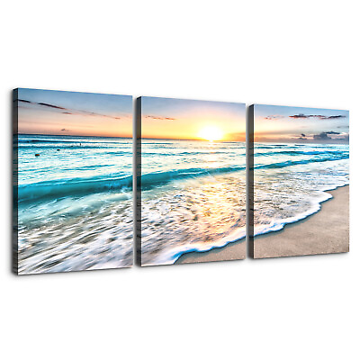 #ad Blue Sea Sunset White Beach Painting 3 Piece Canvas Wall Art Picture Poster Home $59.99