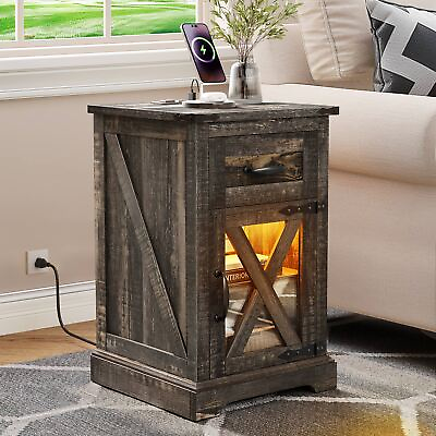 #ad Farmhouse Nightstand with Charging Station Bedside Sofa End Table w LED Lights $80.99