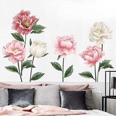 #ad decalmile 6 Large Peony Flower Wall Decals Summer Garden Floral Wall Stickers Be $19.73