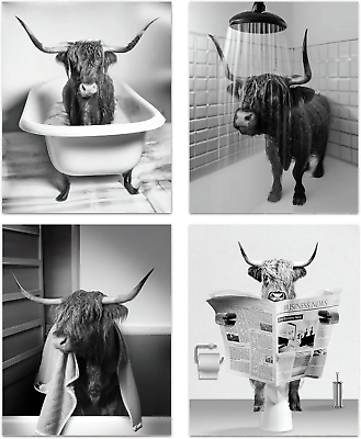 #ad Funny Highland Cow Bathroom Wall Art Prints Vintage Black and White Rustic Styl $20.88