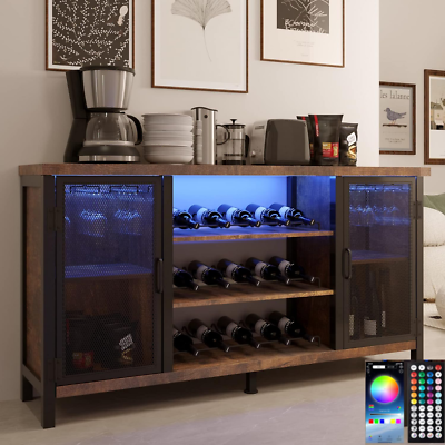 #ad LED Adjustable Rustic Home Wine Bar Cabinets with 2 Hinged Doors Bottles Rack $196.64