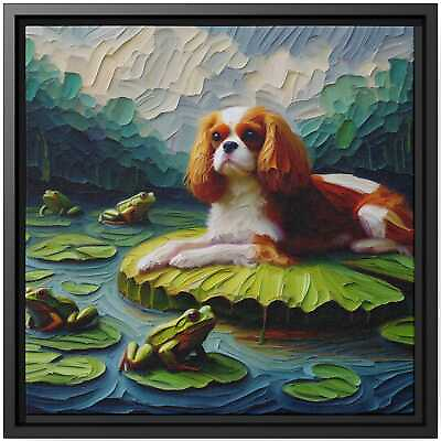 #ad Wall Art Decor Canvas Print Dog Portrait Oil Painting Cavalier Spaniel Lily Frog $48.45