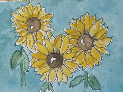 #ad ACEO Original Naive Modern Art Watercolor Painting 3 Sunflowers Floral Whimsical $6.99