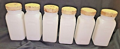 6 Milk Glass 4quot; Spice Jars Rusty Covers Art Deco Kitchen Shabby Vtg Retro $39.99