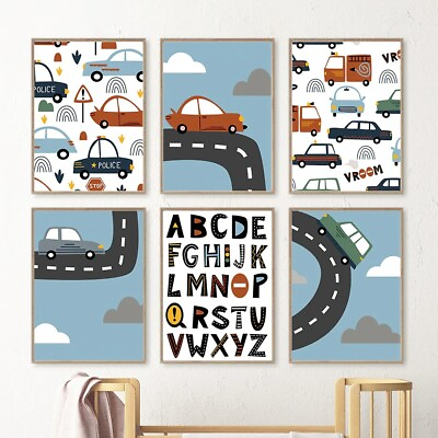 #ad Wall Art Nursery Decor Kids City Vehicles Cars Alphabet Set of 6 Prints $17.00