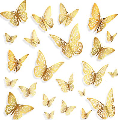 #ad 48Pcs Gold 3D Butterfly Wall Decor 3 Sizes 2 Styles Removable Paper Wall Sticker $10.99