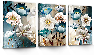 #ad 3 Piece Lotus Flower Canvas Wall Art for Living Room White and Indigo Blue Flora $45.62