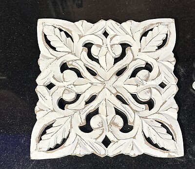#ad #ad Rustic Carved 9” Square Wood Wall Decoration White Nature Themed MDF New $12.00