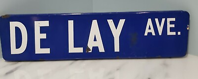 #ad BLUE Porcelain Street Sign Enamel Over Metal Double sided DELAY AVE Vintage 24quot; $275.00