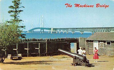 #ad #ad Mackinaw City MI Michigan Mackinac Straits Bridge Old Fort Vintage Postcard $6.39